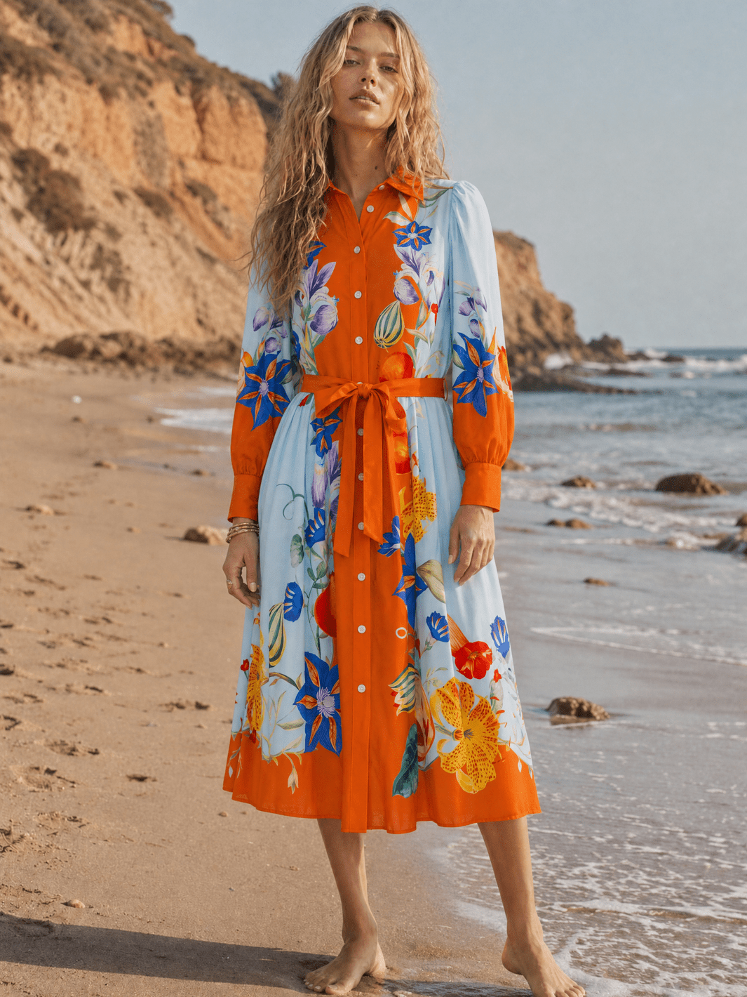 WOMEN'S LONG SLEEVE SELF TIE BUTTON UP MULTI PRINT MIDI DRESS