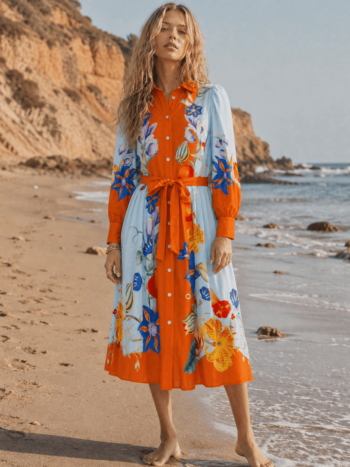 WOMEN'S LONG SLEEVE SELF TIE BUTTON UP MULTI PRINT MIDI DRESS