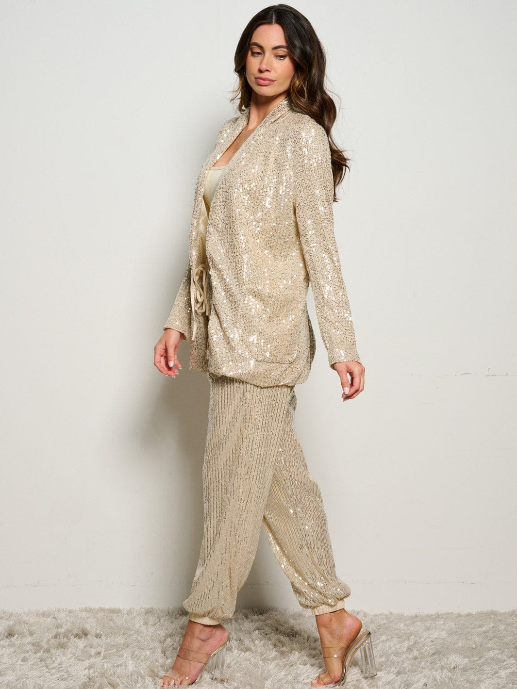WOMEN'S ELASTIC WAIST POCKETS SELF TIE SEQUINS JOGGER PANTS