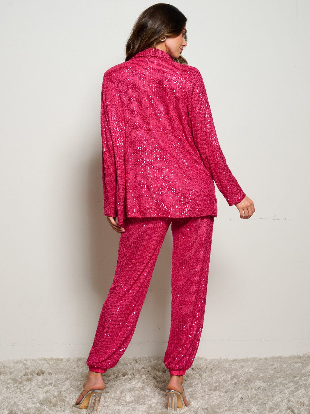 WOMEN'S ELASTIC WAIST POCKETS SELF TIE SEQUINS JOGGER PANTS