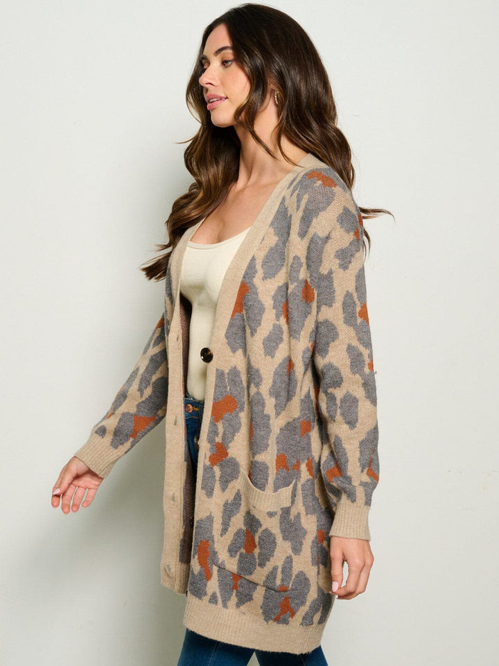 WOMEN'S LONG SLEEVE VUTTON UP FRONT POCKETS ANIMAL PRINT CARDIGAN