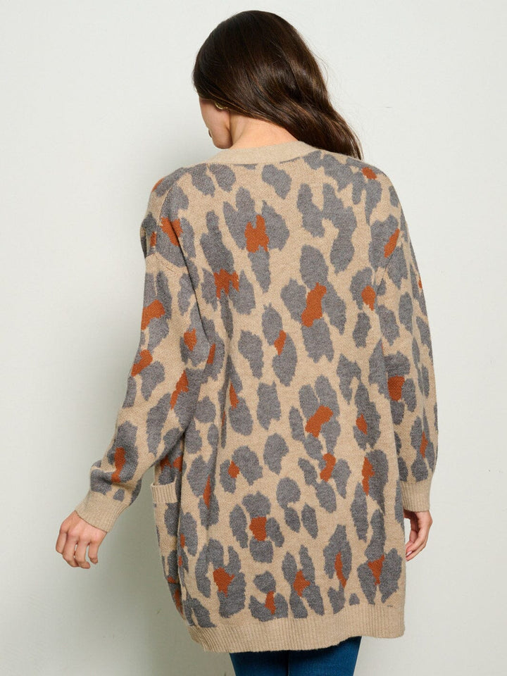 WOMEN'S LONG SLEEVE VUTTON UP FRONT POCKETS ANIMAL PRINT CARDIGAN