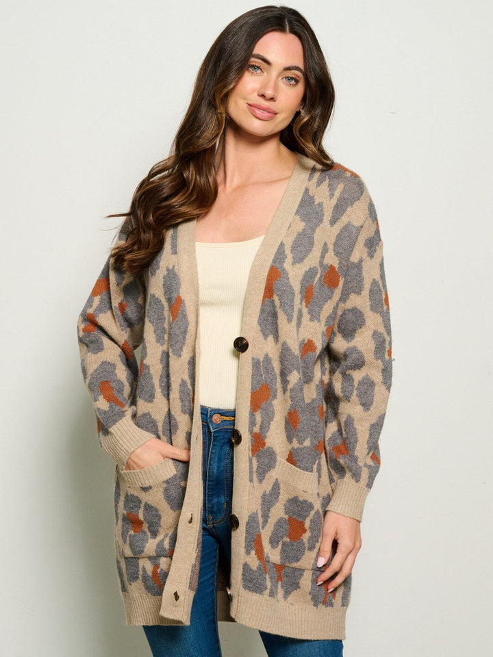 WOMEN'S LONG SLEEVE VUTTON UP FRONT POCKETS ANIMAL PRINT CARDIGAN