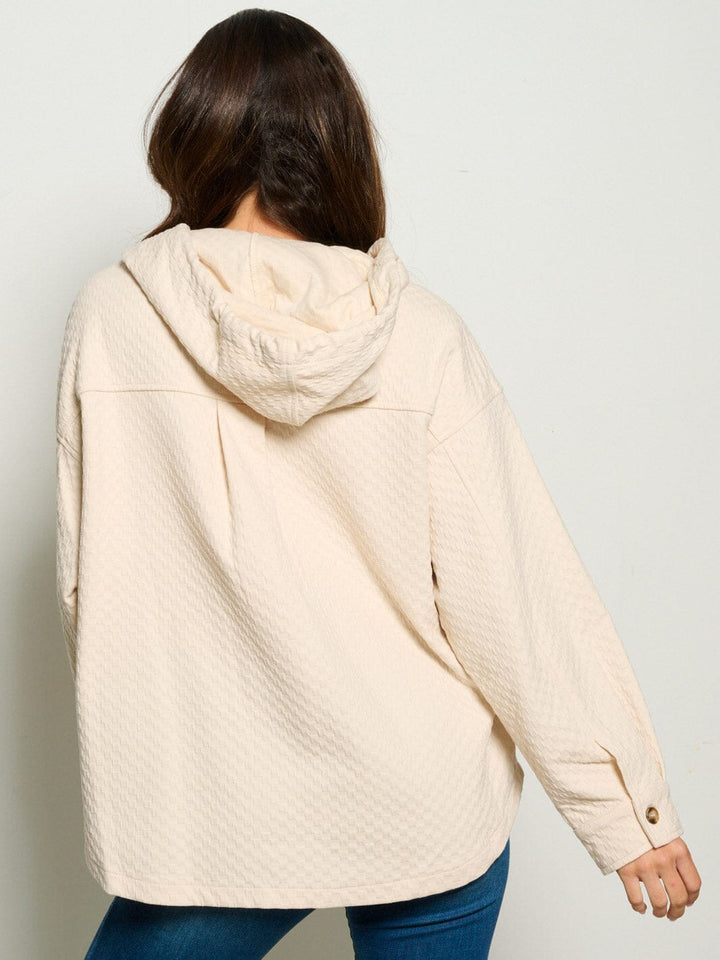 WOMEN'S LONG SLEEVE FRONT POCKETS HOODED WAFFLE PRINT SWEATER