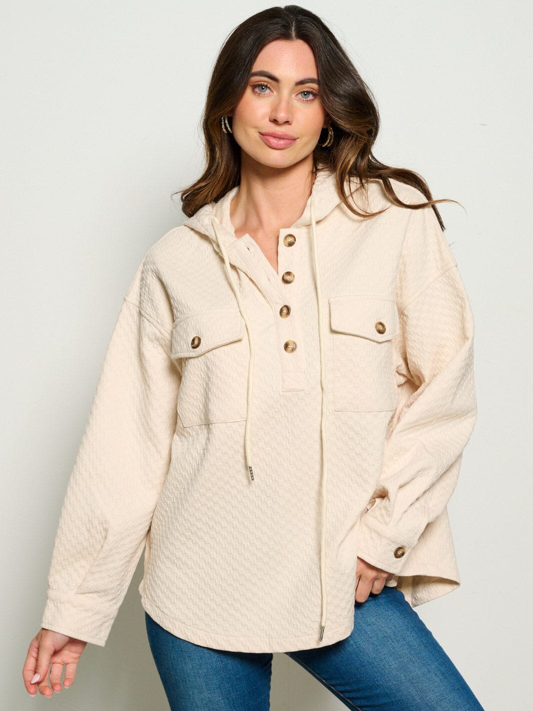 WOMEN'S LONG SLEEVE FRONT POCKETS HOODED WAFFLE PRINT SWEATER