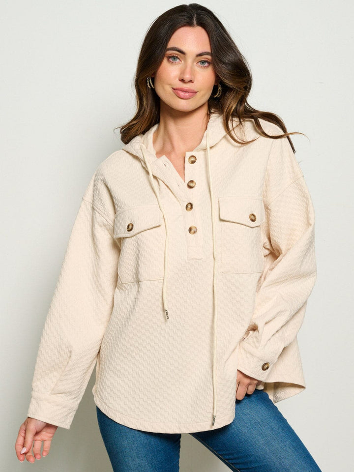 WOMEN'S LONG SLEEVE FRONT POCKETS HOODED WAFFLE PRINT SWEATER