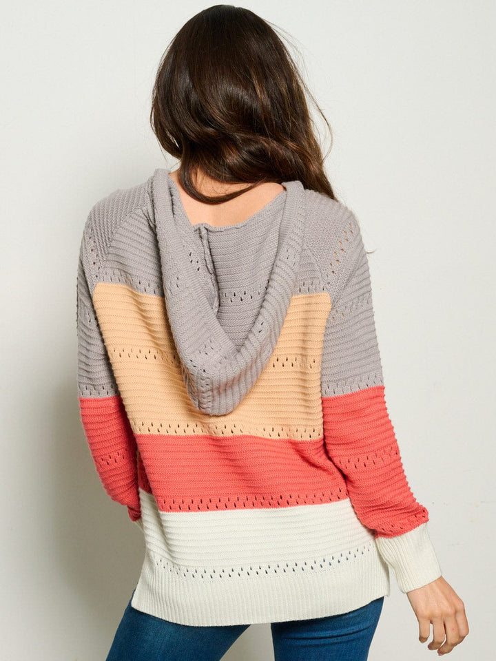 WOMEN'S LONG SLEEVE V-NECK HOODED COLORBLOCK ANIMAL PRINT SWEATER