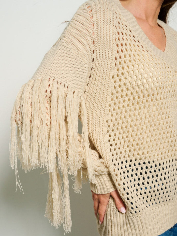 WOMEN'S LONG SLEEVE FRINGE TIERED KNIT PULLOVER SWEATER