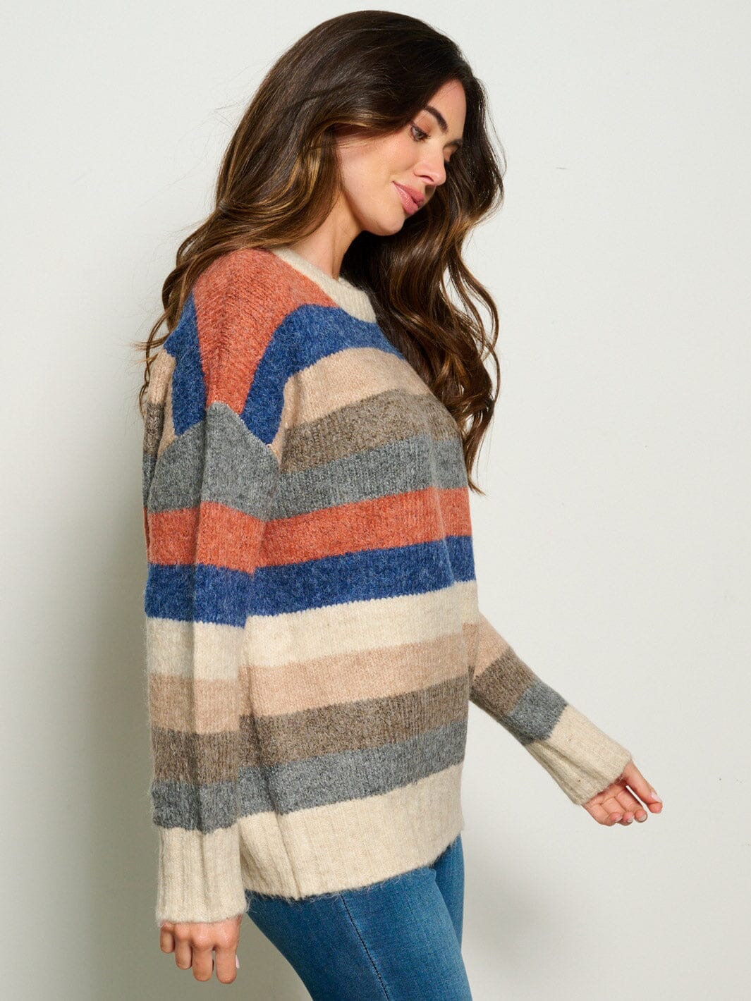 WOMEN'S LONG SLEEVE COLORBLOCK STRIPES PULLOVER SWEATER