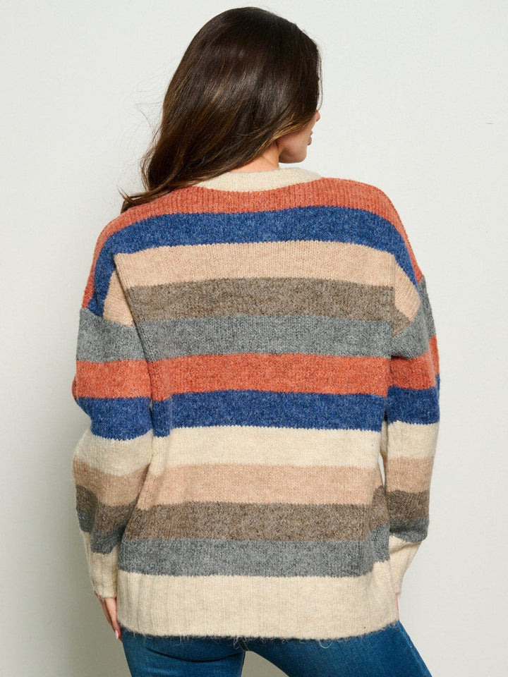 WOMEN'S LONG SLEEVE COLORBLOCK STRIPES PULLOVER SWEATER