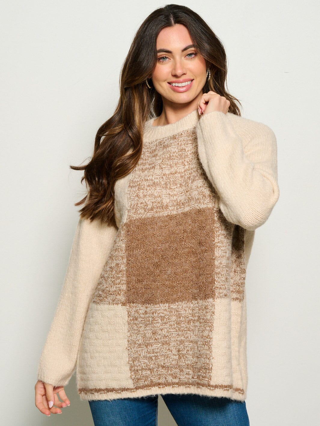WOMEN'S LONG SLEEVE CHEKERS COLORBLOCK PULLOVER SWEATER