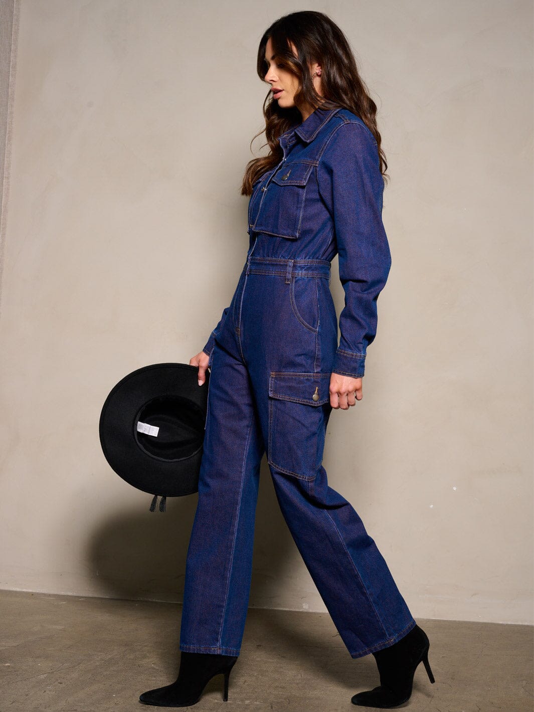 WOMEN'S LONG SLEEVE BUTTON UP DENIM JUMPSUIT