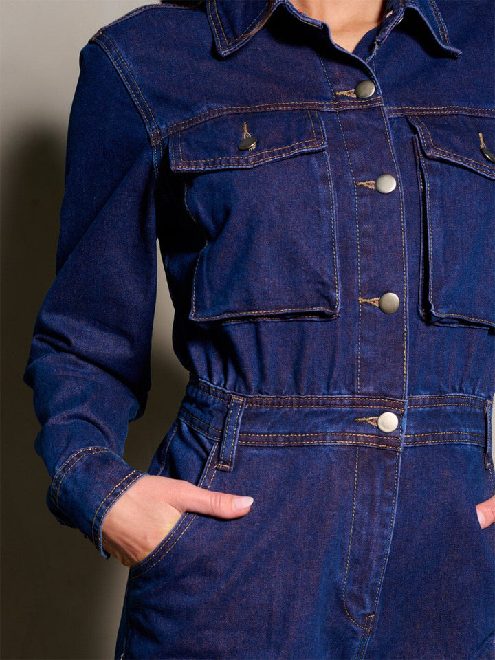 WOMEN'S LONG SLEEVE BUTTON UP DENIM JUMPSUIT