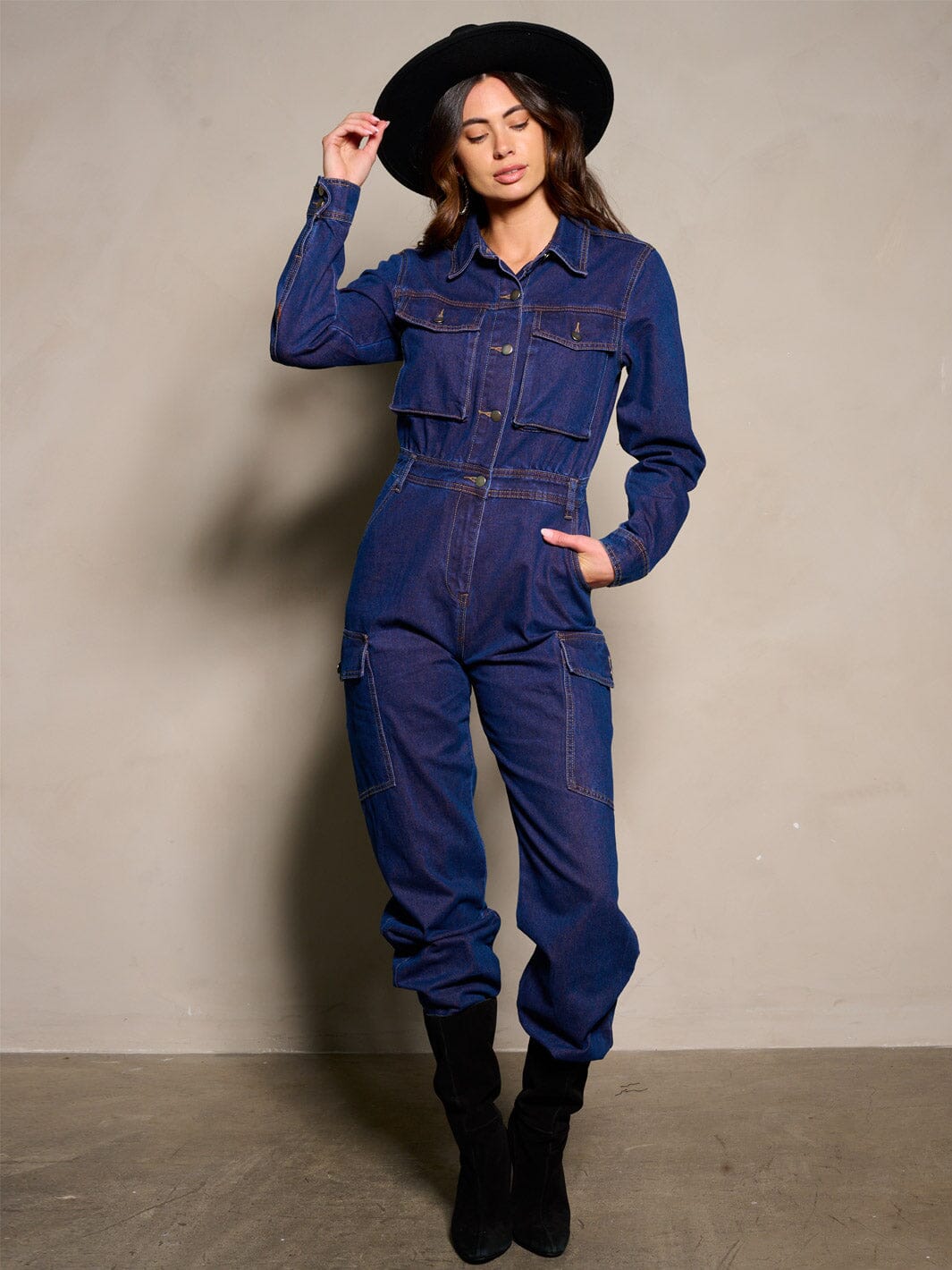 WOMEN'S LONG SLEEVE BUTTON UP DENIM JUMPSUIT