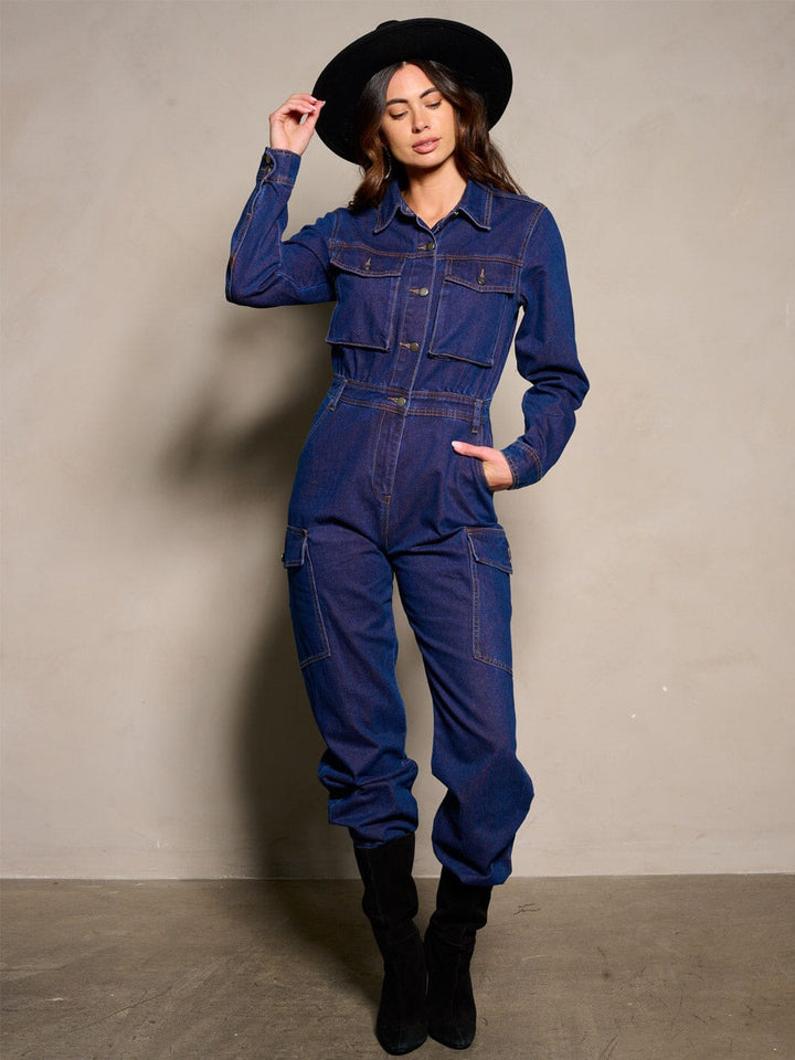 WOMEN'S LONG SLEEVE BUTTON UP DENIM JUMPSUIT