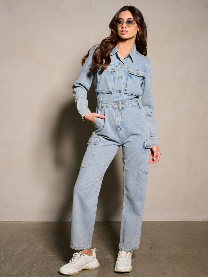 WOMEN'S LONG SLEEVE BUTTON UP DENIM JUMPSUIT
