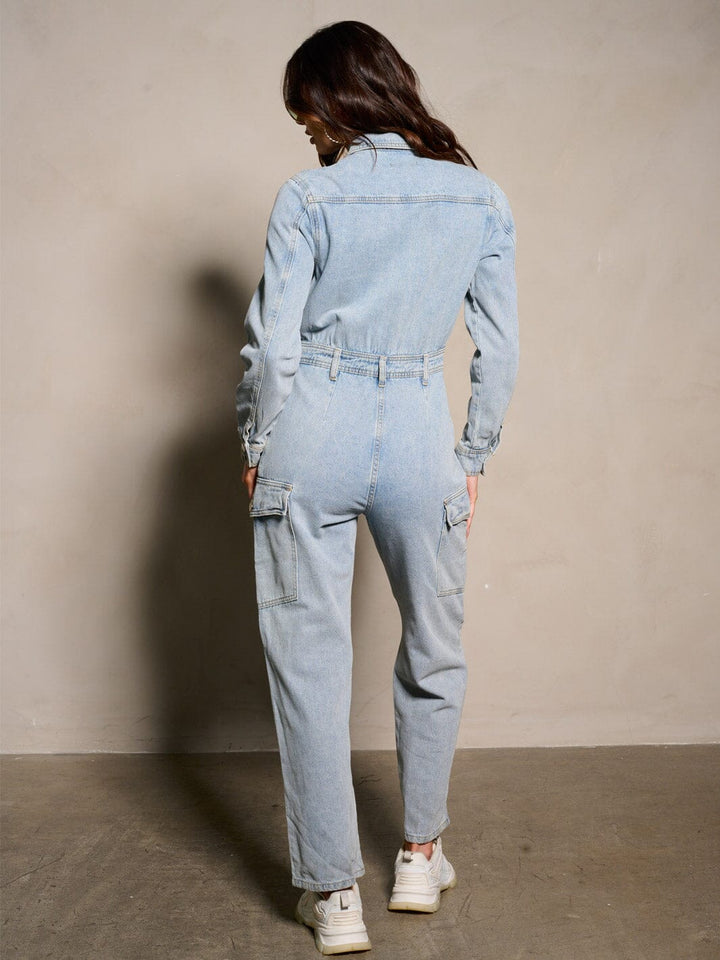 WOMEN'S LONG SLEEVE BUTTON UP DENIM JUMPSUIT
