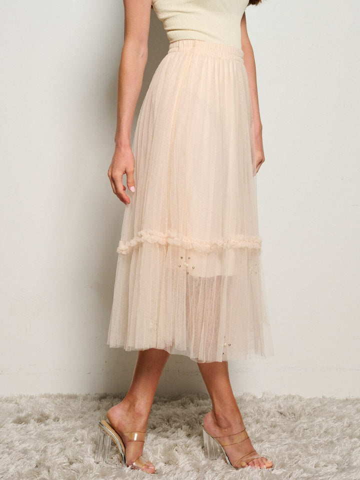 WOMEN'S ELASTIC WAIST STUDS DETAILED MAXI SKIRT