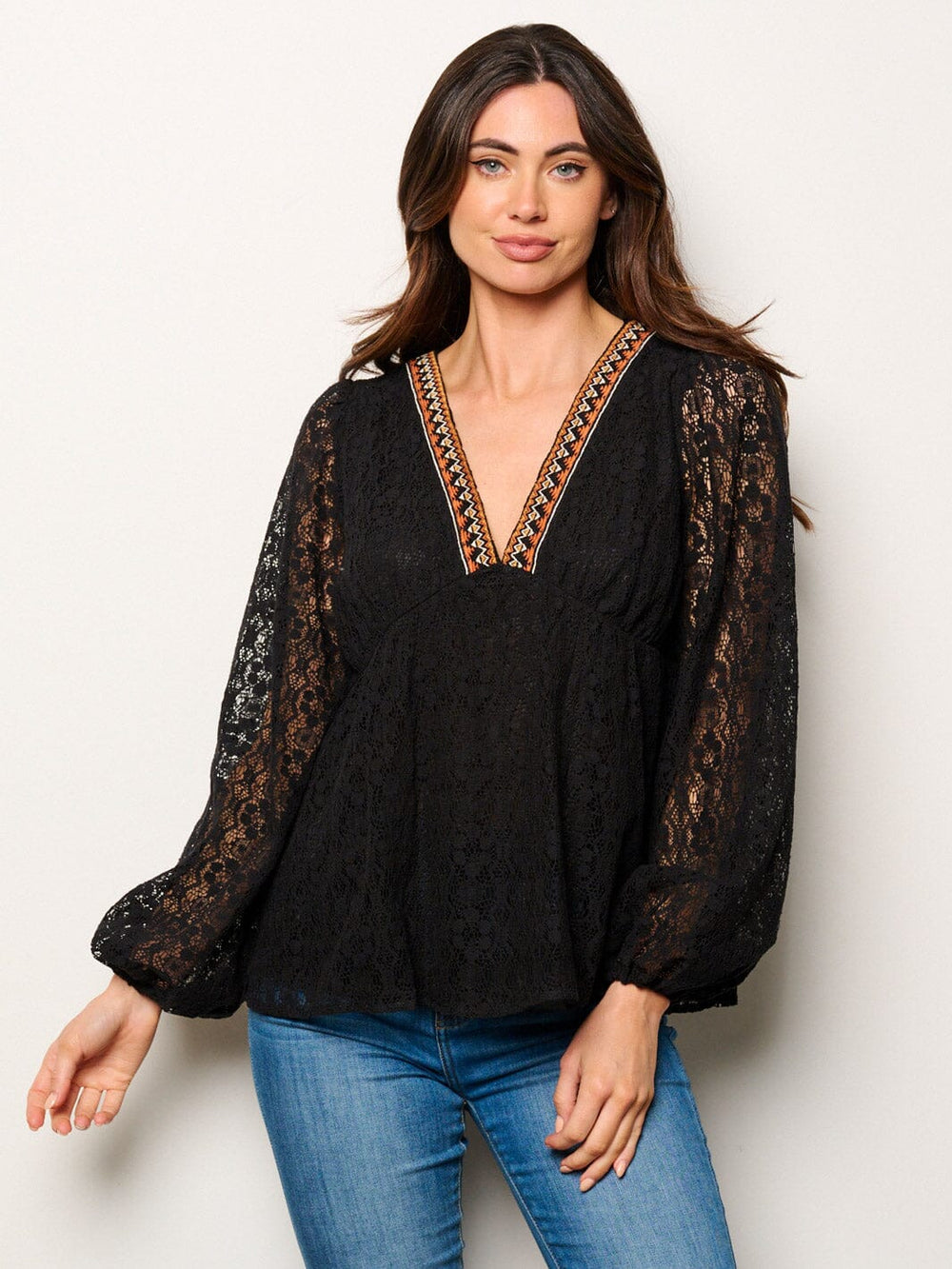 WOMEN'S LONG SLEEVE V-NECK EMBROIDERY NECK DETAILED BLOUSE TOP
