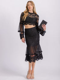 WOMEN'S ZIPPER CLOSURE RUFFLE TIERED LACE MIDI SKIRT