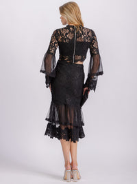 WOMEN'S ZIPPER CLOSURE RUFFLE TIERED LACE MIDI SKIRT