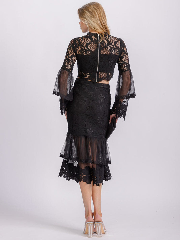 WOMEN'S ZIPPER CLOSURE RUFFLE TIERED LACE MIDI SKIRT