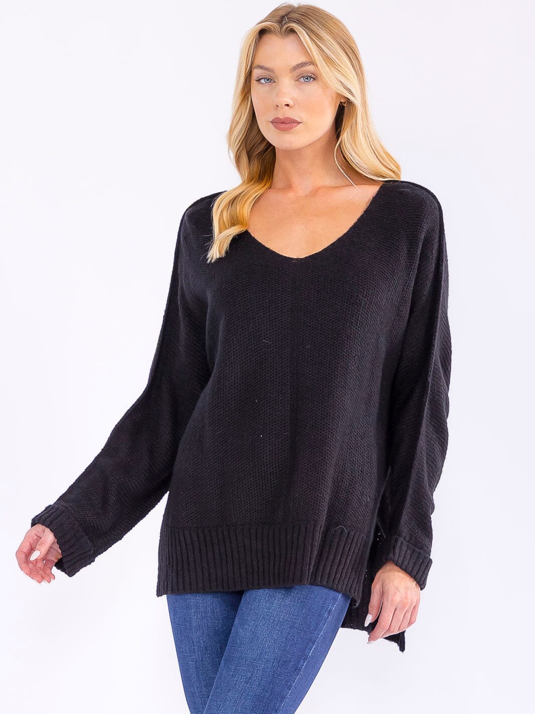 WOMEN'S LONG SLEEVE V-NECK KNIT HIGH-LOW PULLOVER SWEATER