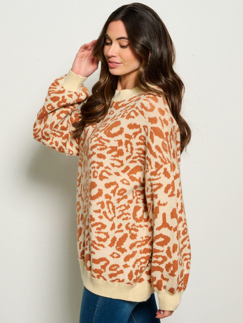WOMEN'S LONG SLEEVE LEOPARD PRINT PULLOVER SWEATER