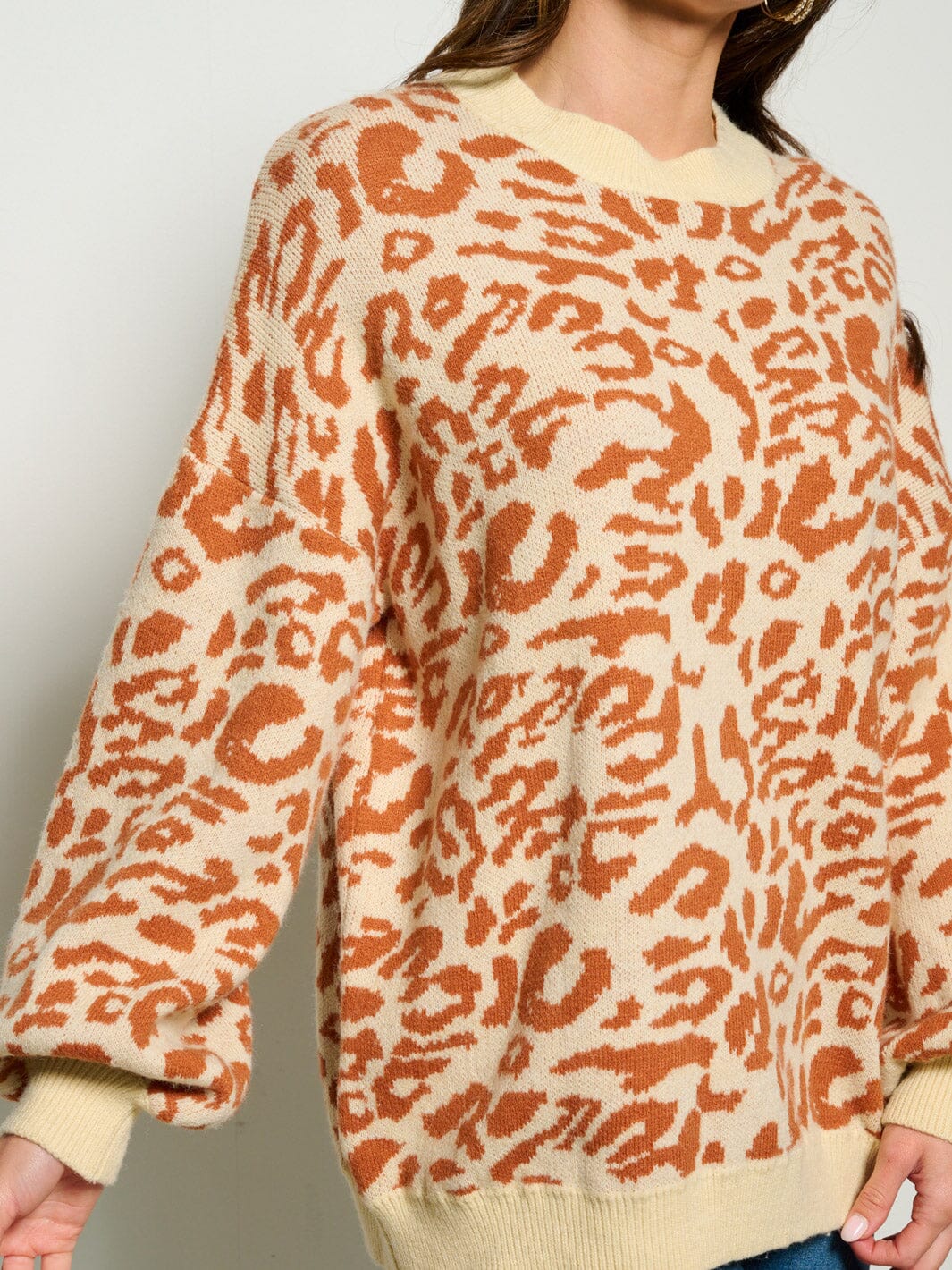 WOMEN'S LONG SLEEVE LEOPARD PRINT PULLOVER SWEATER