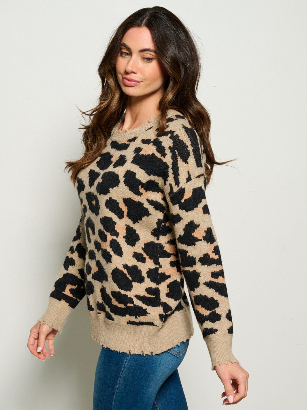WOMEN'S LONG SLEEVE LEOPARD PRINT PULLOVER SWEATER