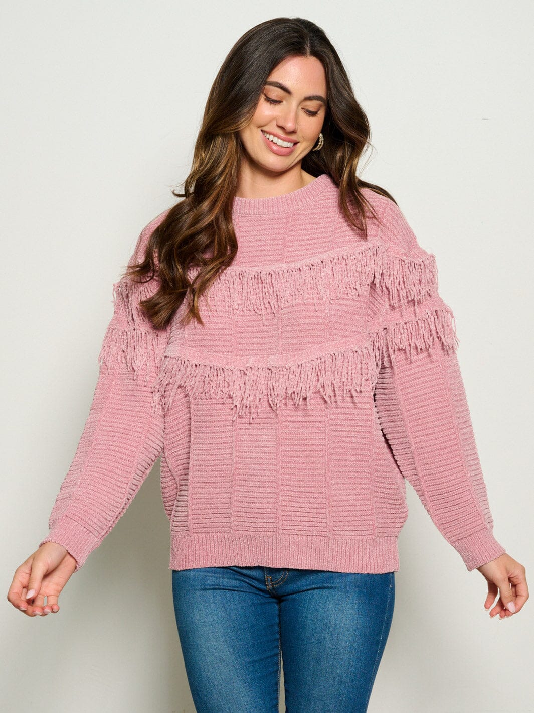 WOMEN'S LONG SLEEVE FRINGE TIERED DETAILED PULLOVER SWEATER