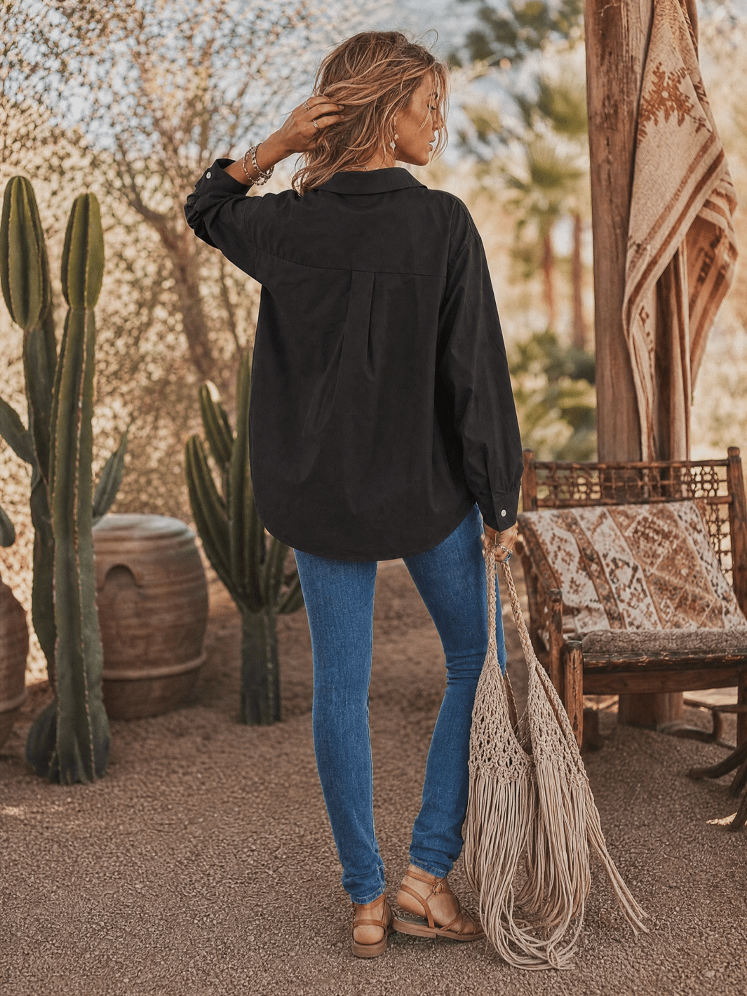 WOMEN'S LONG SLEEVE BUTTON UP HIGH-LOW SHIRT