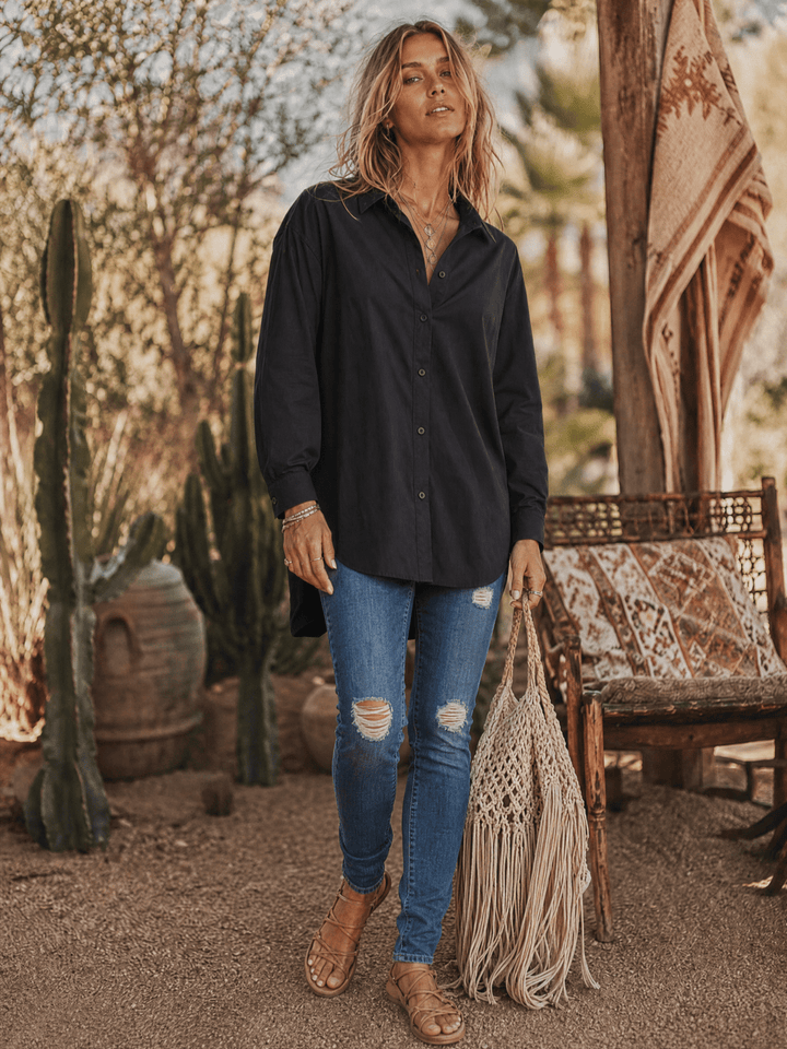WOMEN'S LONG SLEEVE BUTTON UP HIGH-LOW SHIRT