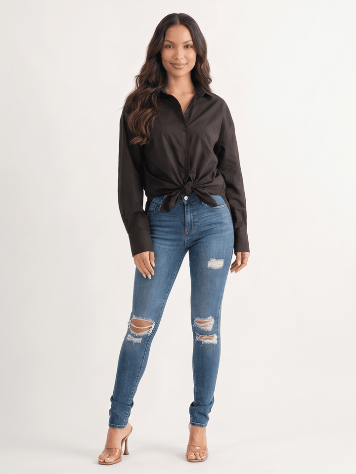WOMEN'S LONG SLEEVE BUTTON UP HIGH-LOW SHIRT