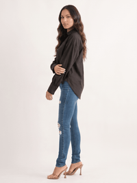 WOMEN'S LONG SLEEVE BUTTON UP HIGH-LOW SHIRT