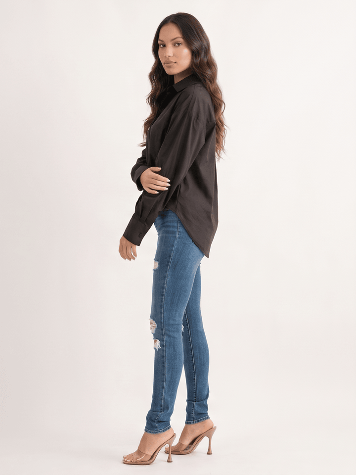WOMEN'S LONG SLEEVE BUTTON UP HIGH-LOW SHIRT
