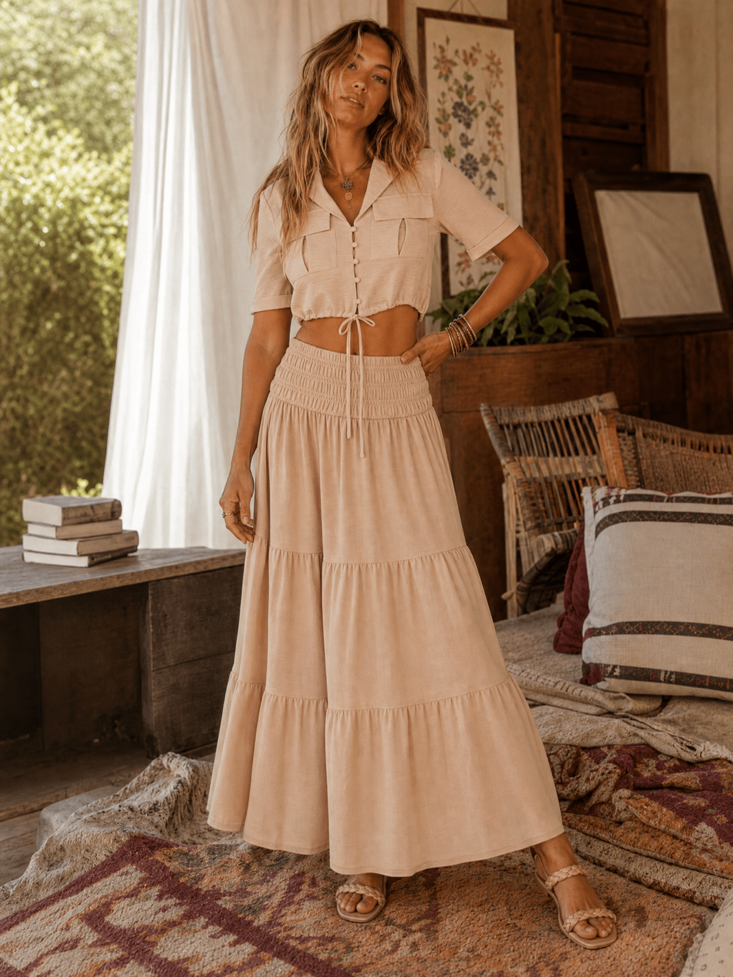 WOMEN'S ELASTIC WAIST TIERED MAXI SKIRT