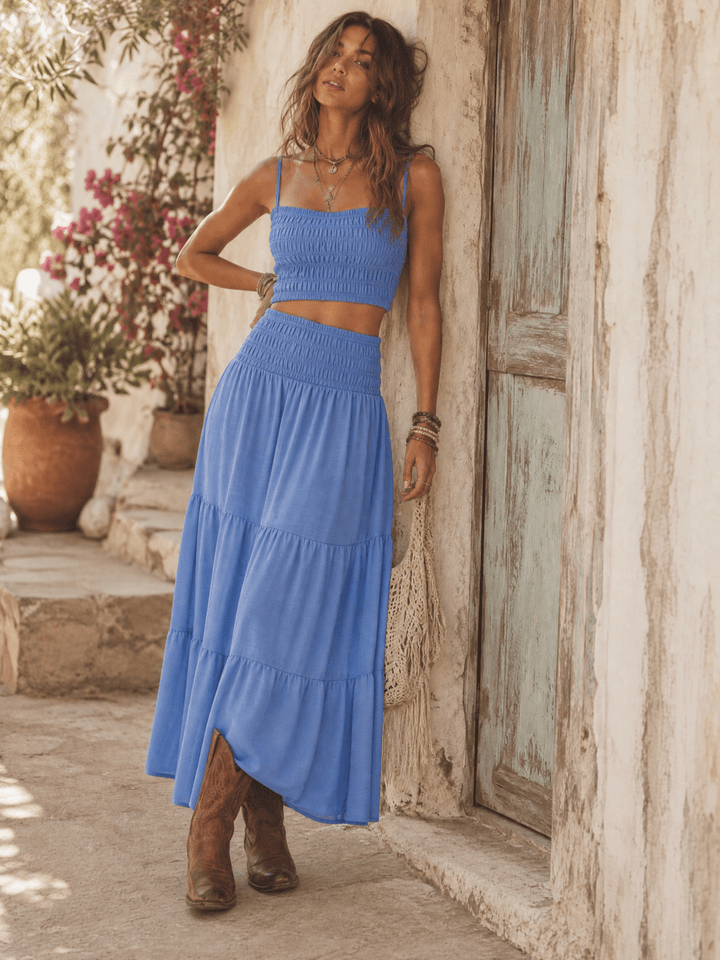 WOMEN'S ELASTIC WAIST TIERED MAXI SKIRT