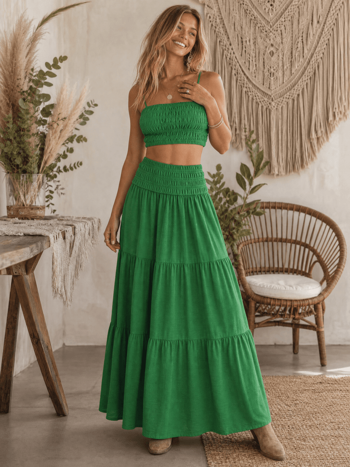 WOMEN'S ELASTIC WAIST TIERED MAXI SKIRT