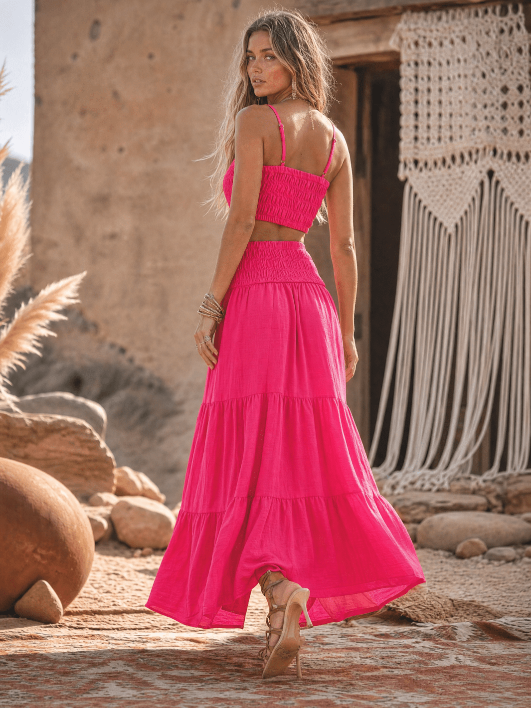 WOMEN'S ELASTIC WAIST TIERED MAXI SKIRT