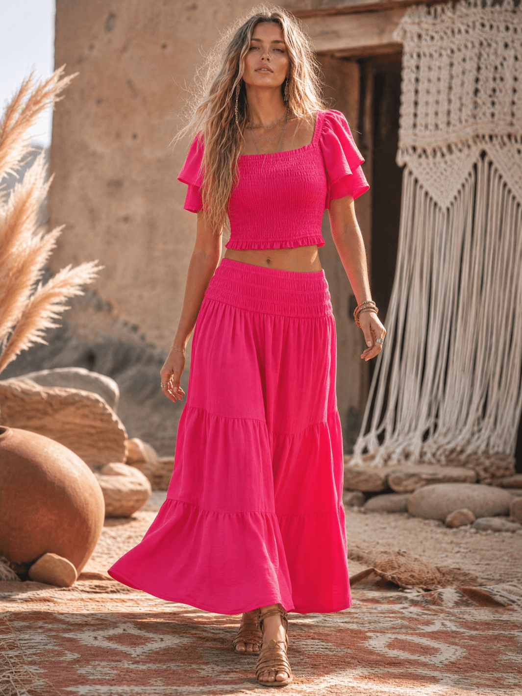 WOMEN'S ELASTIC WAIST TIERED MAXI SKIRT