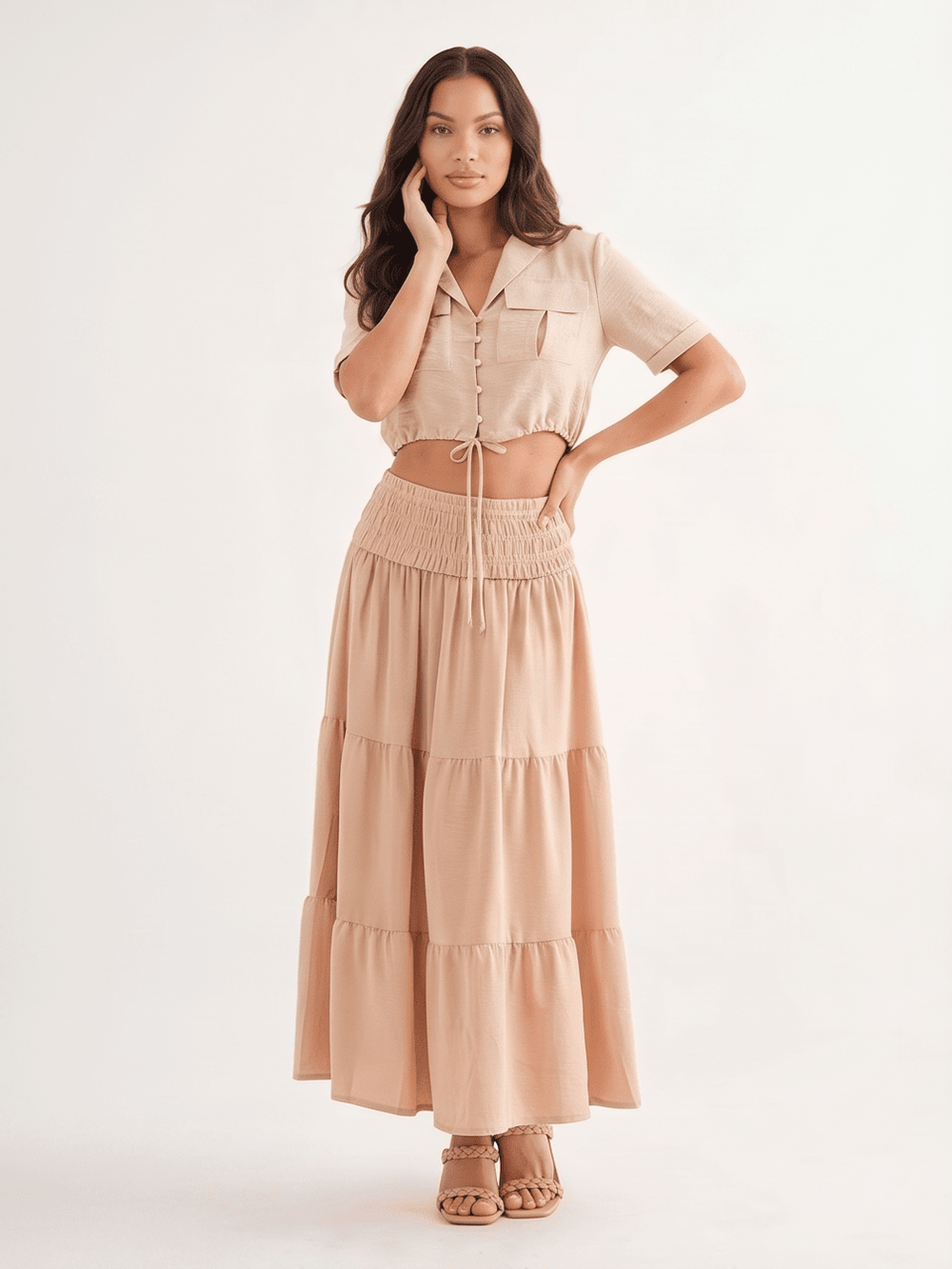 WOMEN'S ELASTIC WAIST TIERED MAXI SKIRT