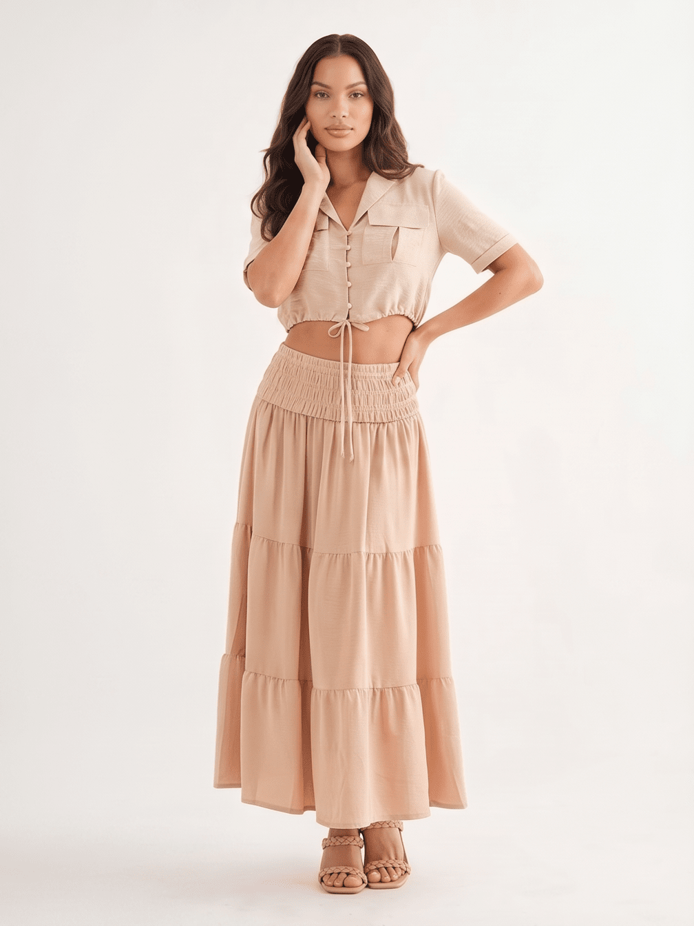 WOMEN'S ELASTIC WAIST TIERED MAXI SKIRT
