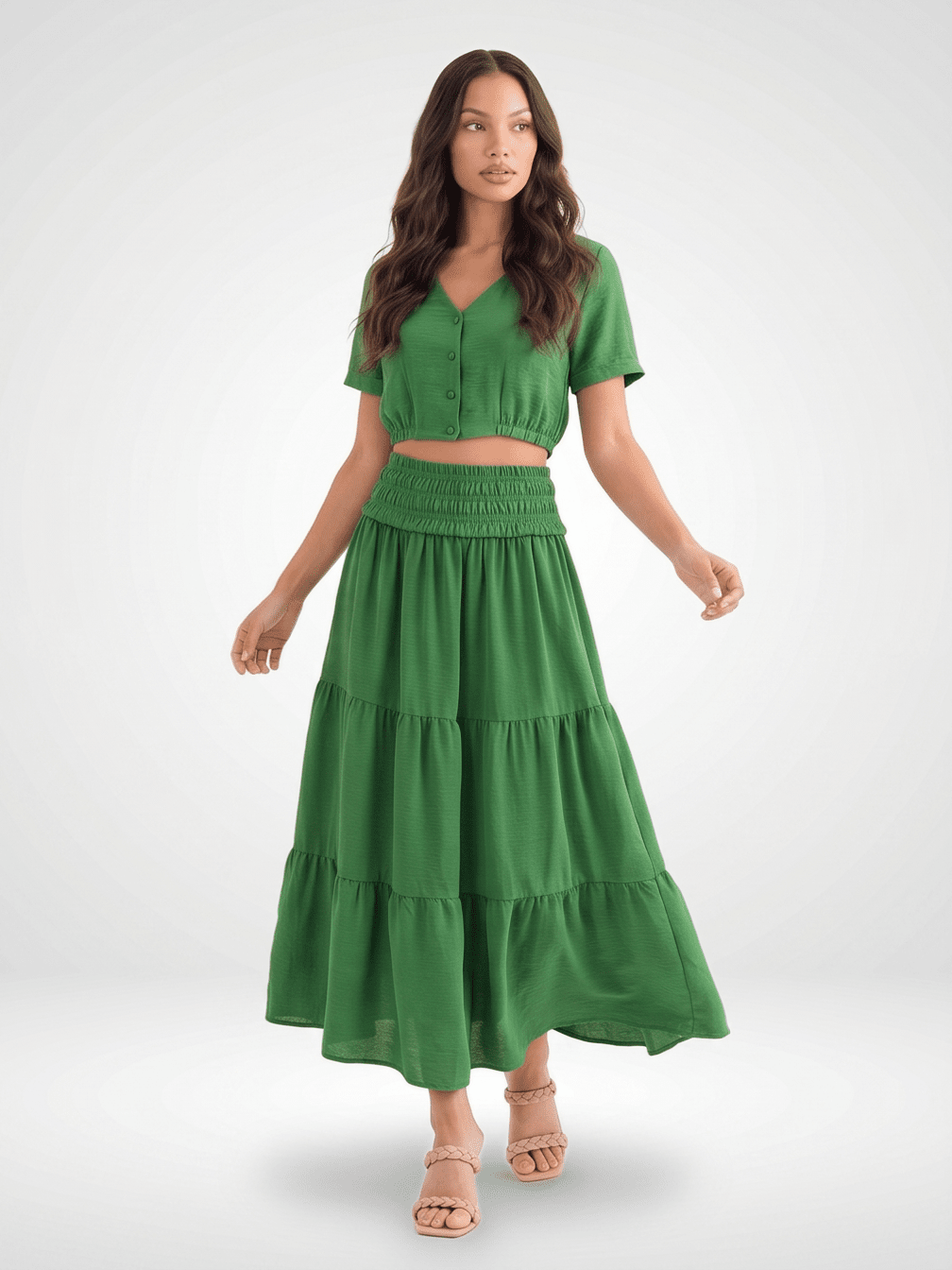 WOMEN'S ELASTIC WAIST TIERED MAXI SKIRT
