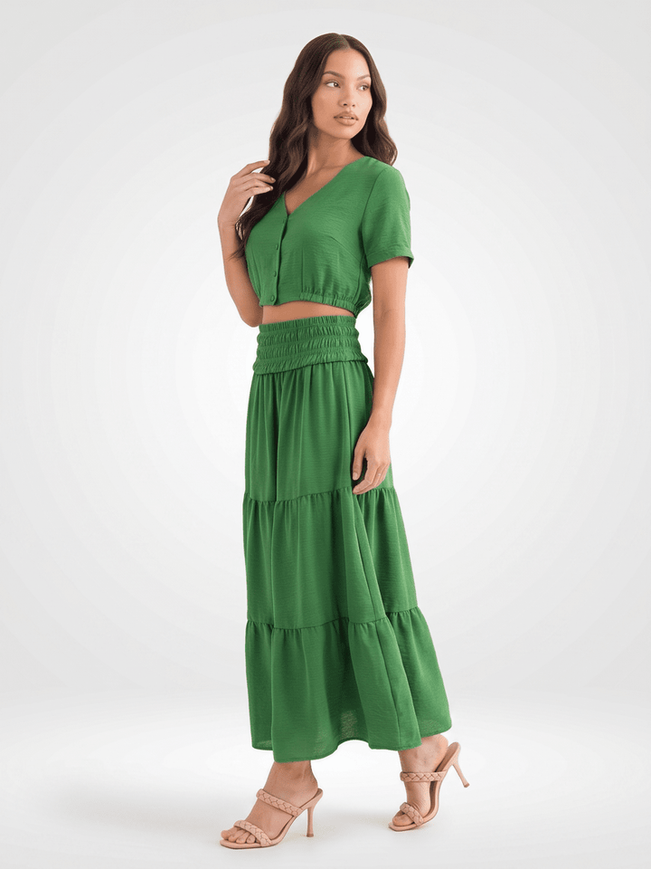 WOMEN'S ELASTIC WAIST TIERED MAXI SKIRT