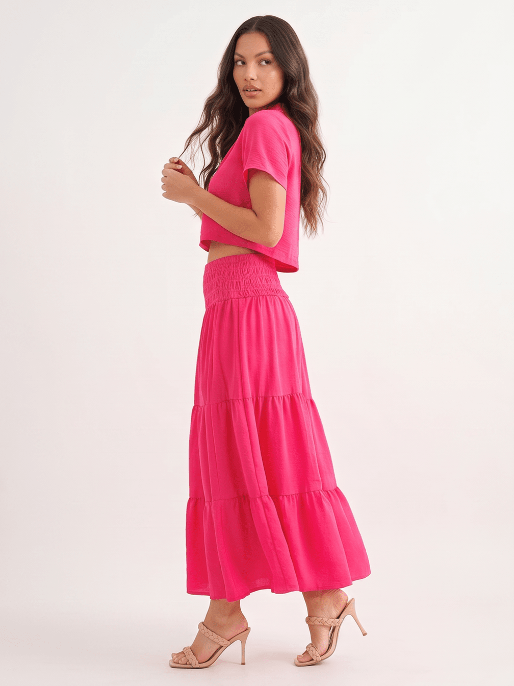WOMEN'S ELASTIC WAIST TIERED MAXI SKIRT