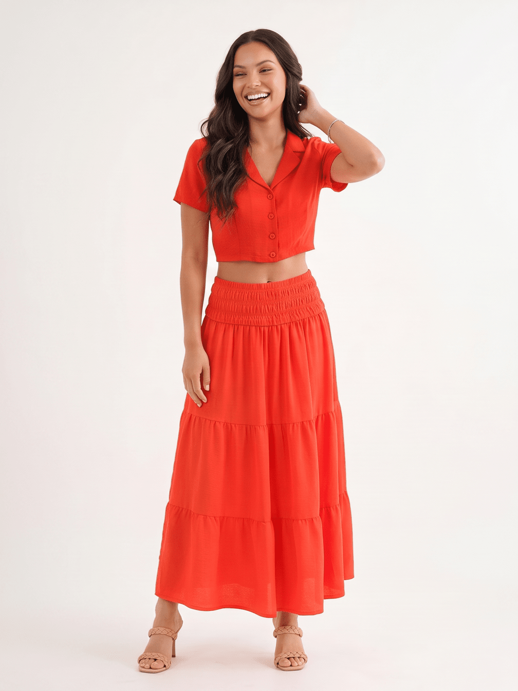 WOMEN'S ELASTIC WAIST TIERED MAXI SKIRT