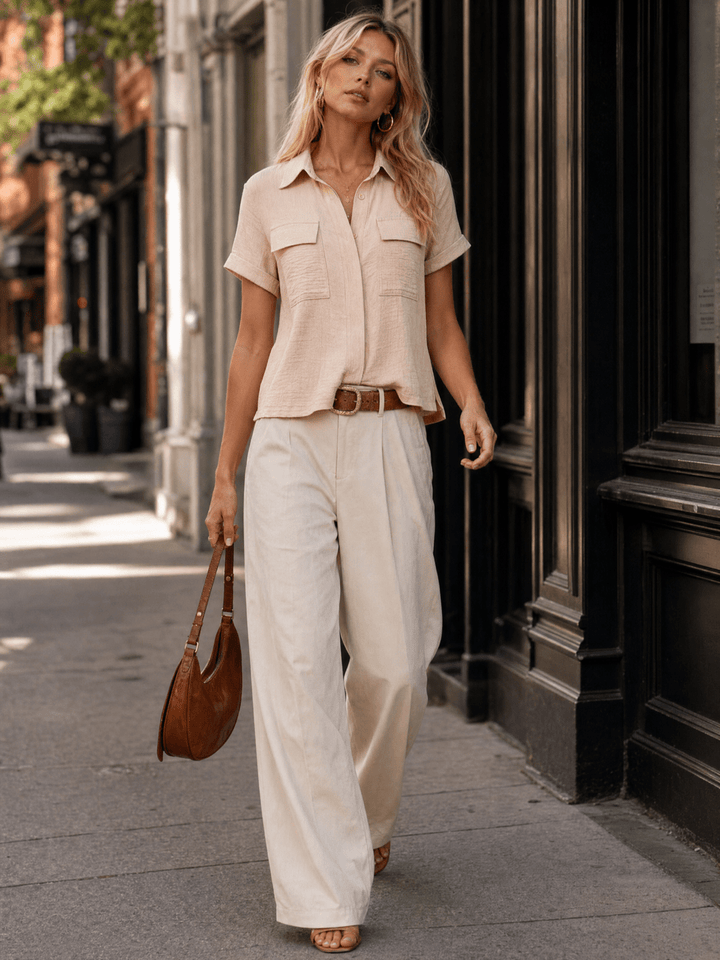 ***************WOMEN'S SHORT SLEEVE BUTTON UP FRONT POCKETS BLOUSE