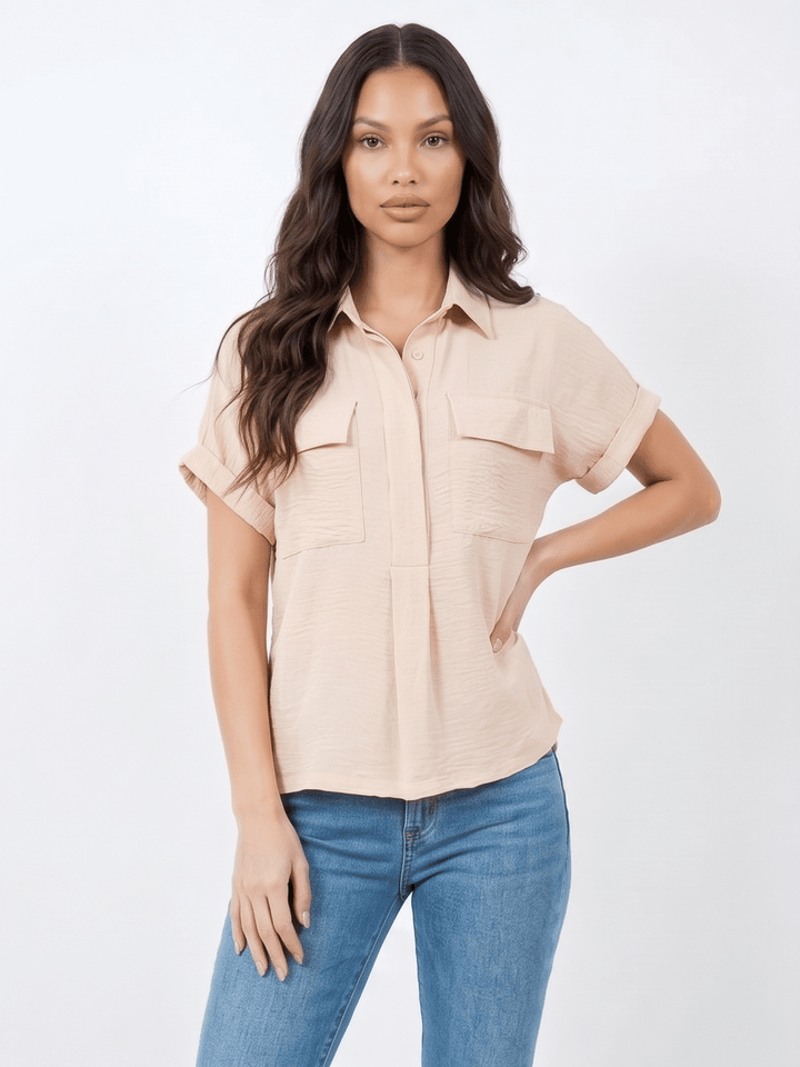 ***************WOMEN'S SHORT SLEEVE BUTTON UP FRONT POCKETS BLOUSE