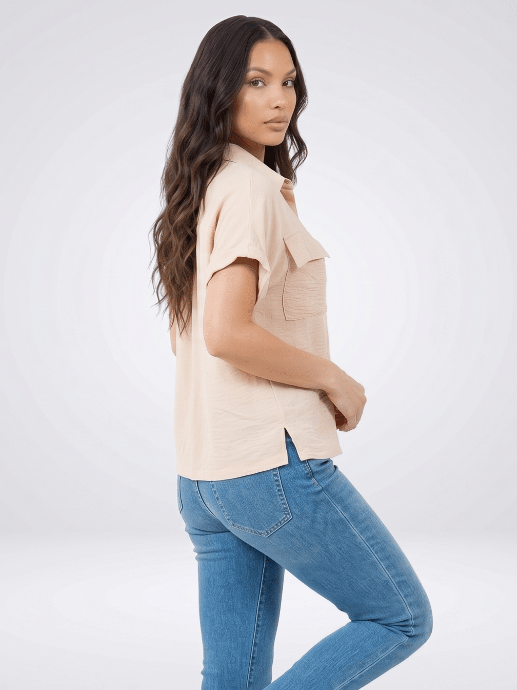 ***************WOMEN'S SHORT SLEEVE BUTTON UP FRONT POCKETS BLOUSE
